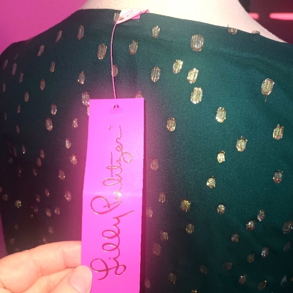 Lilly Pulitzer Green & Metallic Gold "Idina" Silk Blouse (NWT!) - Picture 6 of 10